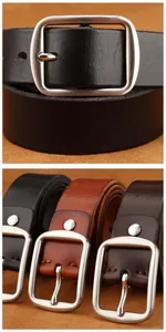 Macro shot of retro leather belt texture with vintage steel pin buckle in three colors