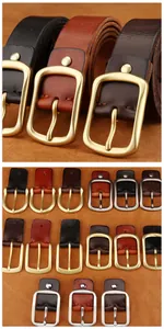 Detailed view of men's genuine leather belts with vintage copper buckles in various styles