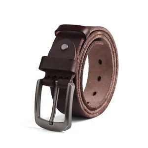 Ceinture classique en cuir véritable marron foncé pour hommes avec boucle en métal brossé
