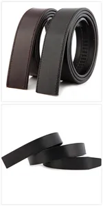 Detail of leather belt with automatic buckle track and reinforced stitching edge