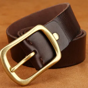 Men's retro dark brown genuine cowhide leather belt with a solid brass needle buckle