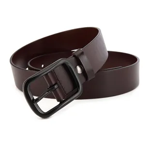Classic dark brown leather belt for men featuring a matte black alloy pin buckle