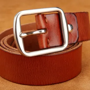 Men's genuine leather belt with brushed steel buckle in dark brown cowhide