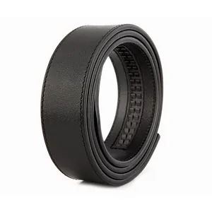 Men's business black leather belt strap with automatic buckle grooves and stitching