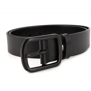 Minimalist all-black leather belt with matte black square pin buckle for men