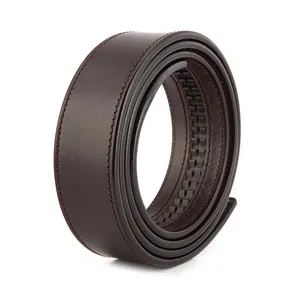 Men's dark brown genuine leather belt strap with automatic buckle track and stitched edges