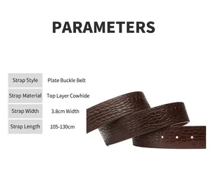 Détail macro de la ceinture en cuir véritable marron embossé crocodile de 3,8 cm
