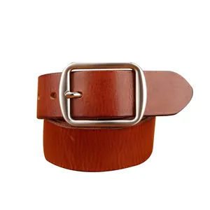 Classic men's brown genuine leather belt featuring a matte silver rectangular steel buckle