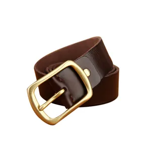Retro men's genuine leather belt with solid brass pin buckle in dark brown color
