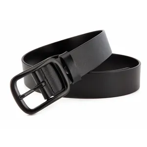 Classic black leather belt for men featuring a matte black metal pin buckle on white backdrop