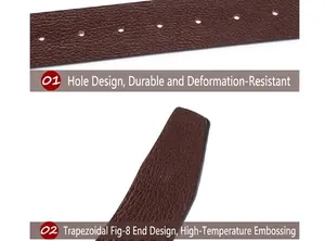 Détails d'une ceinture en cuir marron foncé à motif litchi avec perforations et bout trapézoïdal