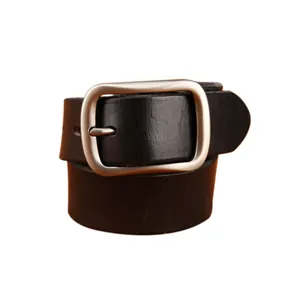 Classic men's genuine leather belt with a brushed silver pin buckle on white background