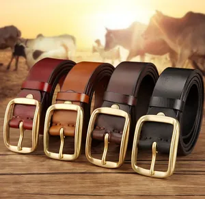 Classic men genuine leather belts with vintage copper pin buckles in four distinct colors
