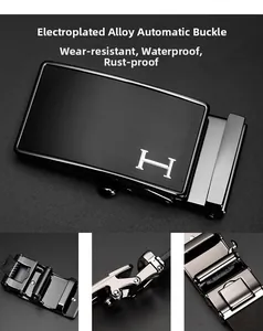 Makroansicht der automatischen Legierungsschnalle mit H-Logo und gebürsteter Metalltextur