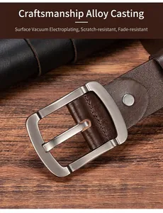 Detailed close-up of dark brown leather belt featuring a matte brushed alloy pin buckle