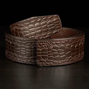 Sangle de Ceinture en Cuir de Vachette Véritable pour Hommes Sans Boucle Motif Crocodile Gaufré Accessoire de Ceinture Business