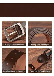 Detail shots of dark brown leather belt with alloy buckle and fine oil edge finish