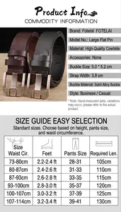 Size chart for genuine leather men's belt showing waist measurements and belt lengths