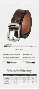 Detailed size chart for genuine leather belts showing length and waist measurements