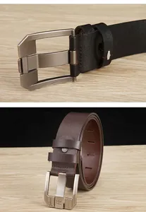 Macro detail of men's leather belts in black and brown with matte alloy pin buckles