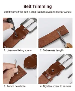 Four-step guide showing how to adjust length for premium brown leather belt with metal buckle