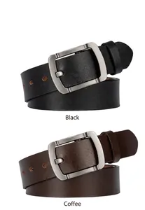 Detailed texture of black and coffee genuine leather belts with silver brushed buckles