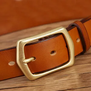 Ceinture en Cuir Vintage pour Hommes Avec Boucle en Laiton Massif Rétro Cuir de Vachette Véritable Pour Jeans Business Accessoire