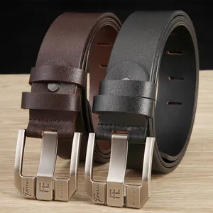 Genuine leather men's belts in black and dark brown with frosted metal pin buckles