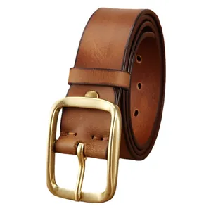 Vintage brown leather belt for men with matte brass buckle and textured finish