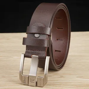 Classic dark brown genuine leather belt for men with brushed silver needle buckle