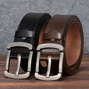 Classic men's genuine leather belt set with matte silver pin buckle and litchi texture