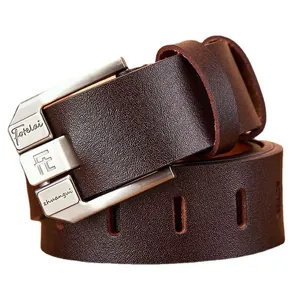 Classic dark brown genuine leather men's belt with a brushed metal pin buckle