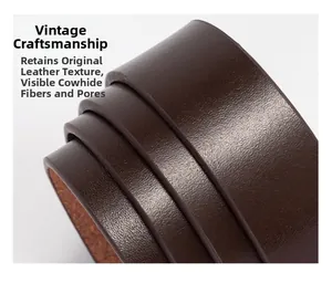 Détail macro de la ceinture en cuir véritable marron foncé montrant la texture et l'épaisseur