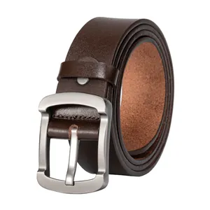 Classic dark brown genuine leather belt for men with silver-tone matte metal buckle