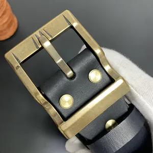 Cinturón de Cuero de Grano Completo Vintage para Hombre Con Hebilla de Latón Macizo Estilo Retro Casual para Vaqueros