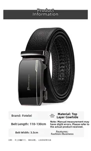 Detail view of lychee grain genuine leather belt with metallic automatic buckle