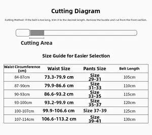 Men's leather belt size chart with guide for waist measurements and cutting instructions