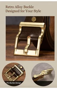 Dettaglio ravvicinato di una fibbia ad ardiglione in bronzo vintage su cintura in cuoio