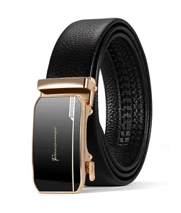 Detail of rose gold automatic buckle with Greek key pattern on black lychee leather belt