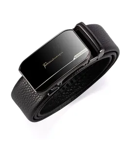 Detail of men's leather belt featuring black lychee texture and alloy automatic buckle