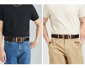 Dettaglio di una cintura in pelle marrone vintage con fibbia dorata abbinata a abiti casual