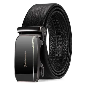 Men Business Automatic Buckle Belt Head Layer Cowhide Leather Lychee Grain Black Dress Belt For Formal Casual Waist Strap Alloy Buckle