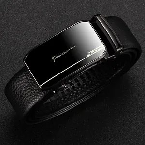 Mens black lychee pattern leather belt with automatic metal buckle and decorative pattern