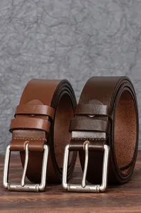 Classic men's brown and dark brown genuine leather belts with silver metal needle buckles