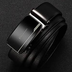 Men's black lychee pattern leather belt with gunmetal automatic buckle for business suit
