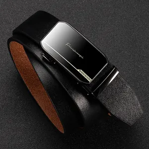 Ceinture homme en cuir véritable avec boucle automatique noire et motif géométrique