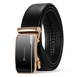 Men's business leather belt with lychee texture and automatic gold-tone metal buckle