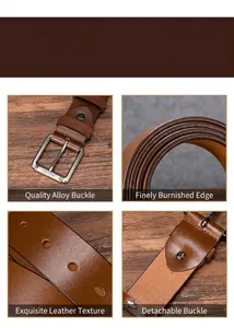 Detail of men's leather belt showing alloy pin buckle and fine edge oil process finish