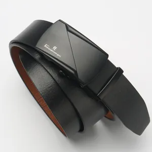 Premium black leather belt for men with matte black geometric automatic buckle