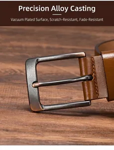 Close-up of vintage brown leather belt with precision-cast alloy buckle and stitched edge